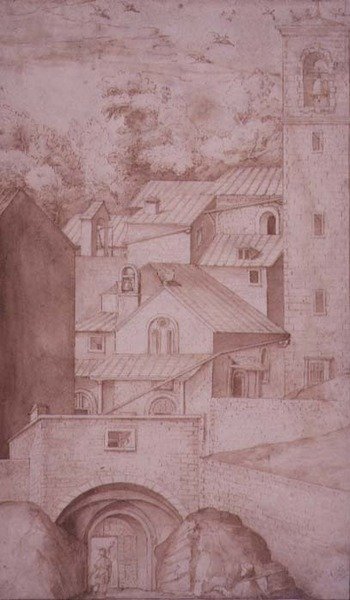 PD.53-1997 Vy över klostret La Verna, ingångsporten och klocktornet, ca 1607-12 (tvätt, penna och bläck på papper) av Jacopo Ligozzi
