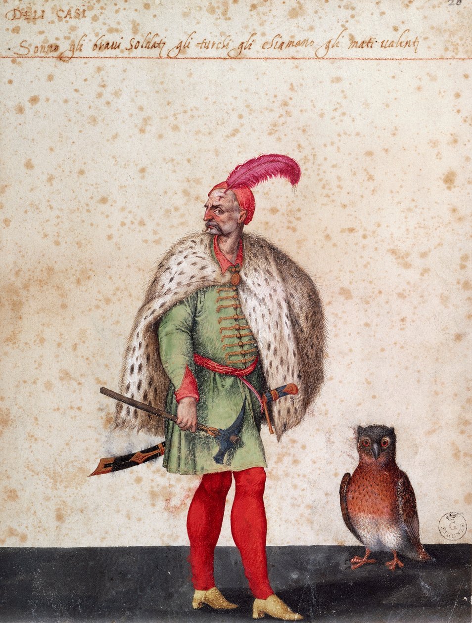 Turkisk soldat med uggla, teckning av Jacopo Ligozzi (1547-1627) av Jacopo Ligozzi