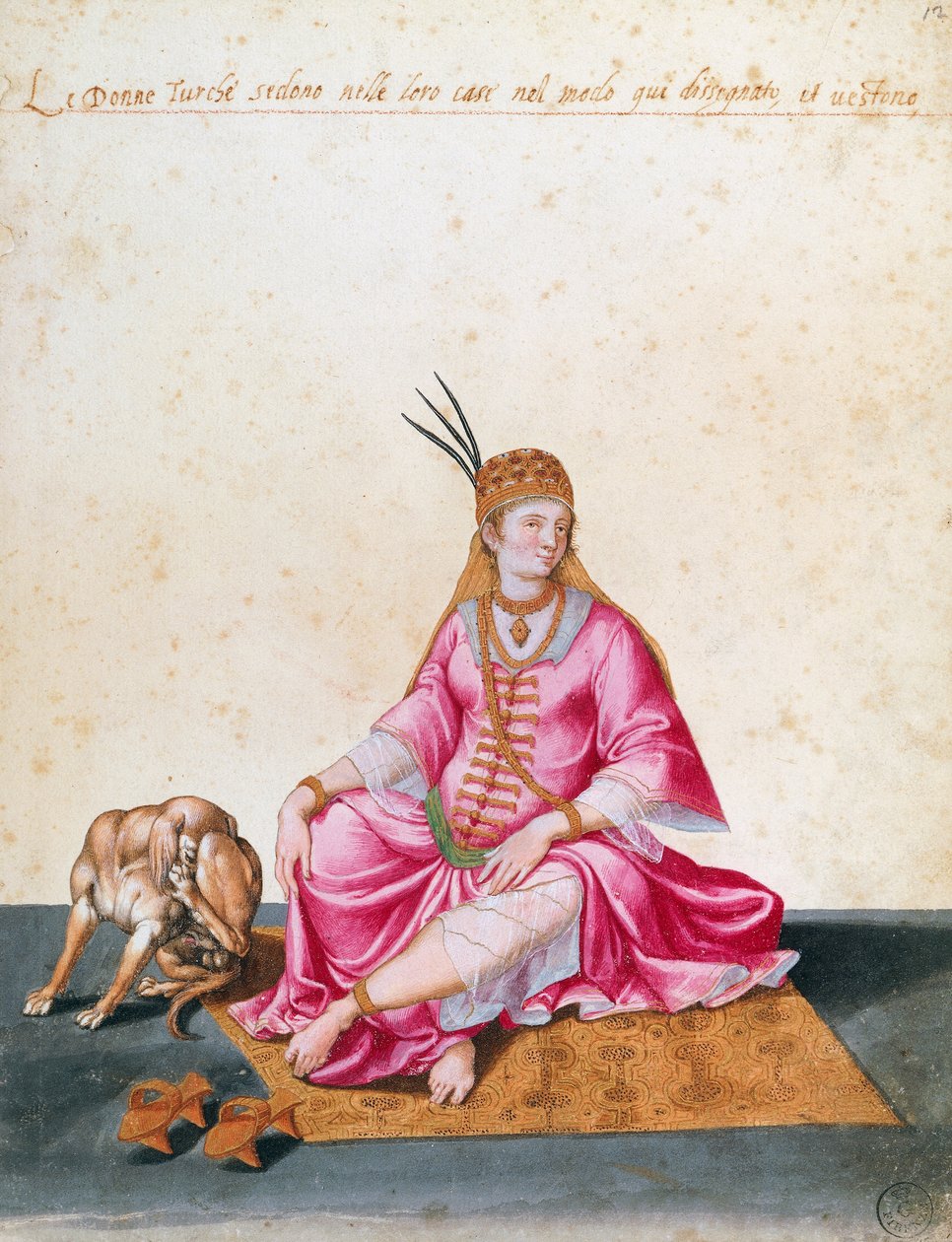 Turkisk kvinna med hund, teckning av Jacopo Ligozzi (1547-1627) av Jacopo Ligozzi