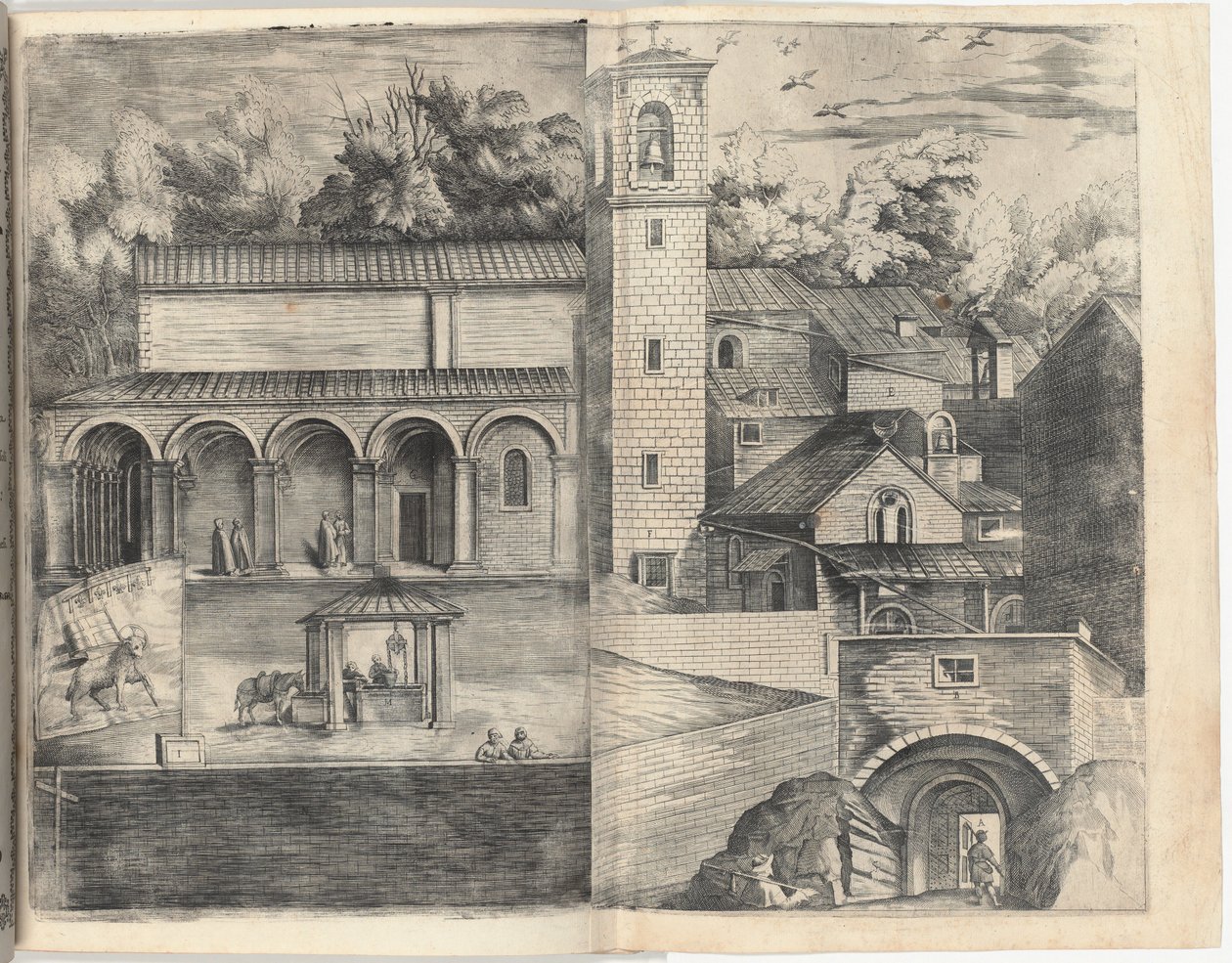 Utsikt över kvadranten: huvuddörren, torget, kyrkan och loggian i klostret Monte della Vernia är i år MD av Jacopo Ligozzi