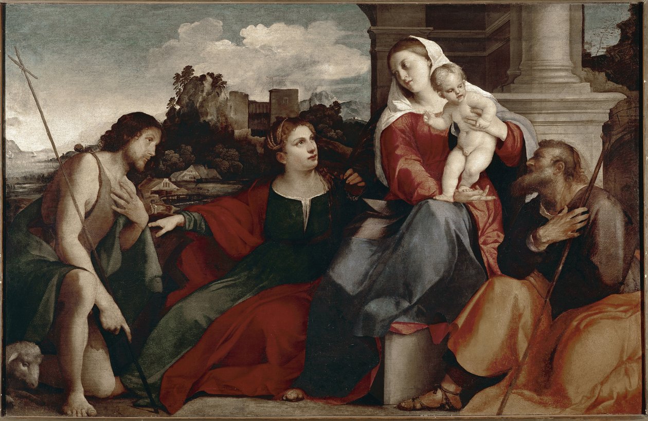 Heligt samtal. Representation av den heliga familjen med St. Catherine av Siena och St. John the Baptist. Målning av Jacopo Negretti dit Palma il vecchio av Jacopo Palma