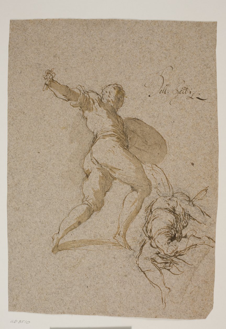 Hoppande krigare och en flygande ängel sedd bakifrån av Jacopo Palma