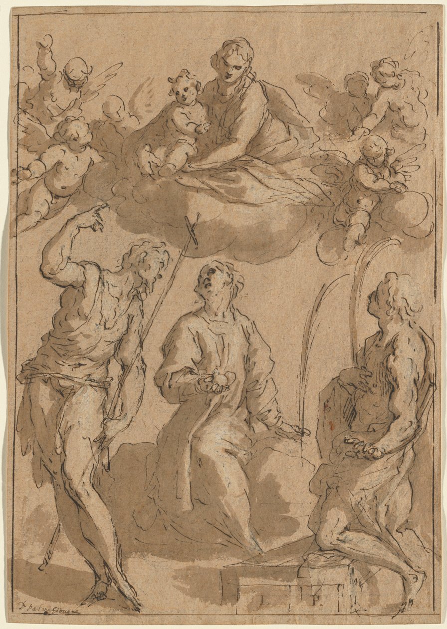 Madonna och barn i ära med de heliga Johannes Döparen, Stephen och Lawrence av Jacopo Palma il Giovane