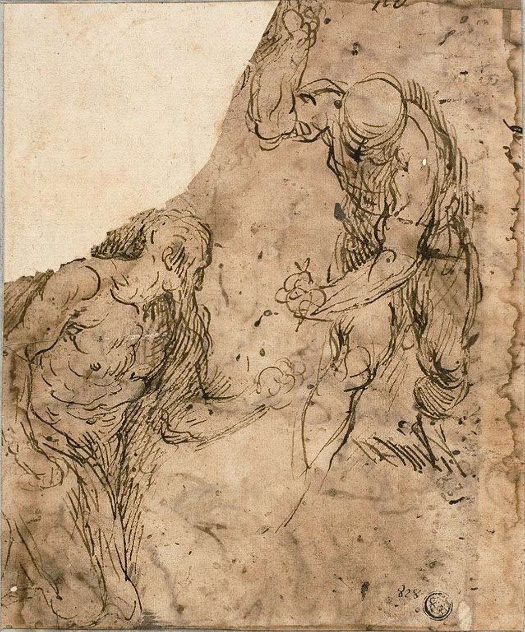 Två skisser av manliga nakenbilder, en knästående, en stående (recto); Tre skisser: sittande naken man, liggande man naken, manligt huvud i profil (v erso) av Jacopo Palma il Giovane