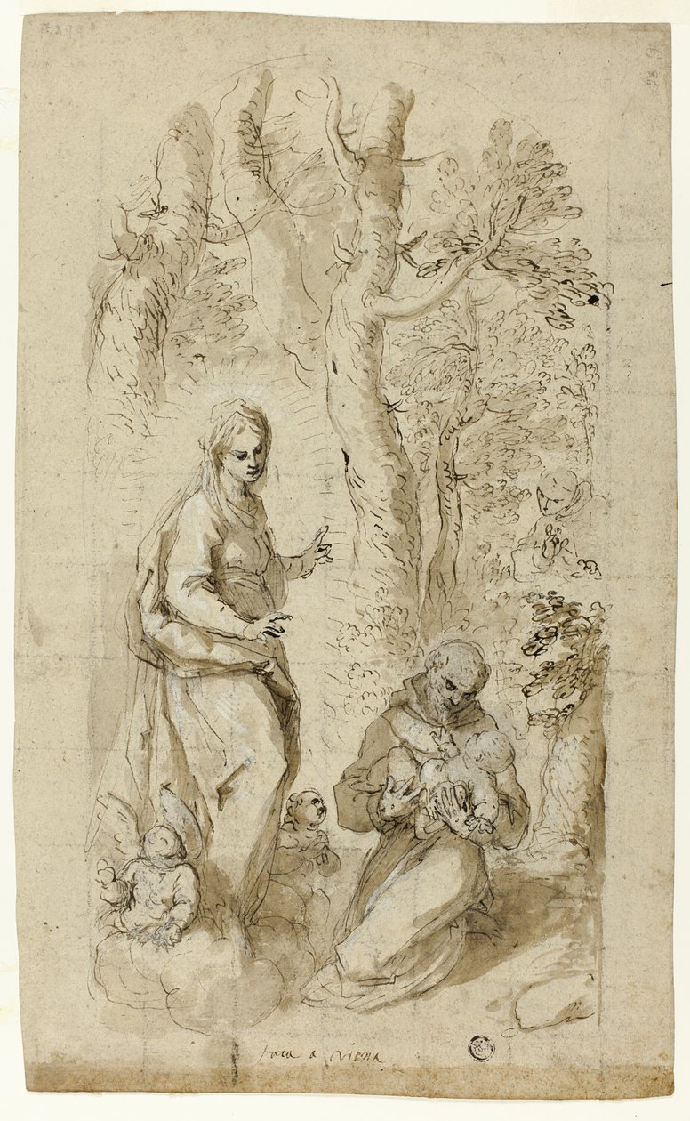 Vision av St. Franciskus av Assisi (recto); Den helige Hieronymus, den helige Franciskus syn och två små skisser av den helige Franciskus som håller Kristusbarnet (verso) av Jacopo Palma il Giovane