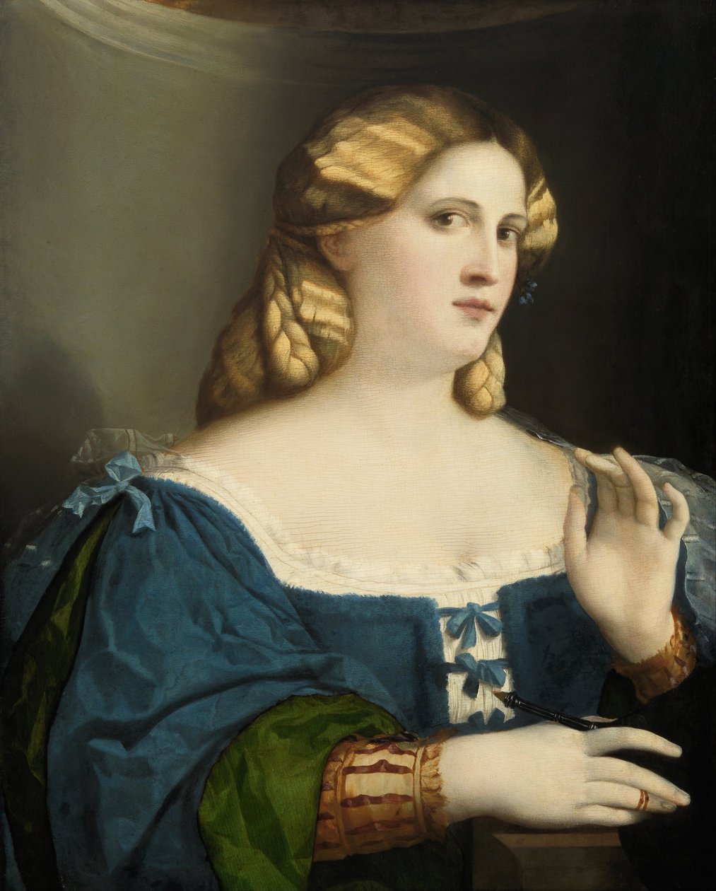 Ung kvinna i en blå klänning, med fläkt, 1512-1514 av Jacopo Palma il Vecchio the Elder