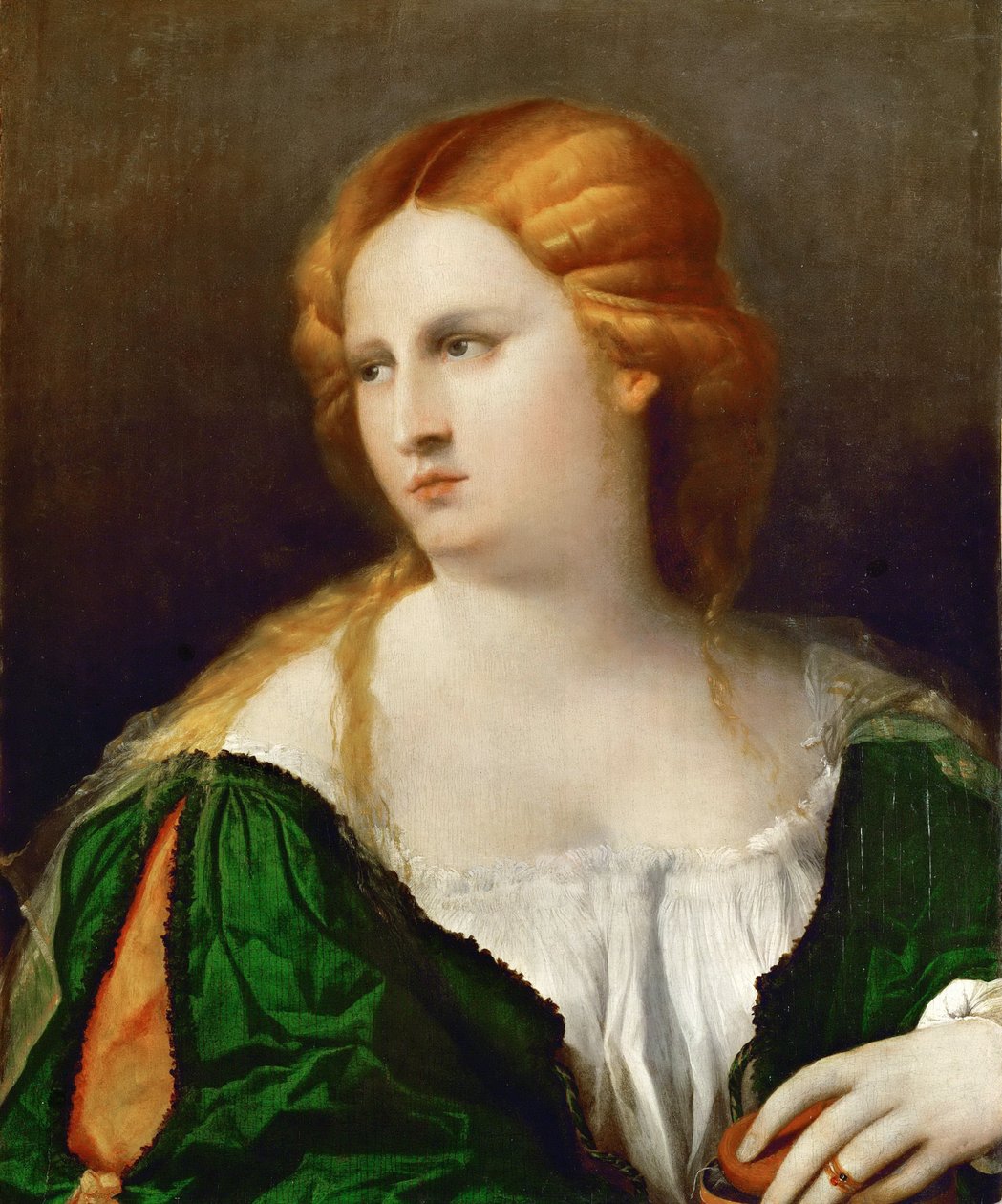 Ung kvinna i en grön klänning, en låda i handen, ca 1514 av Jacopo Palma il Vecchio the Elder