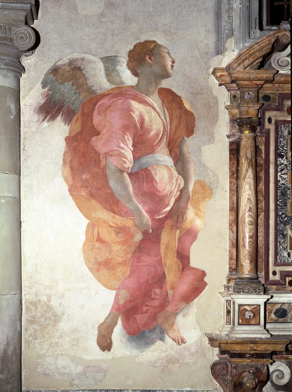 Tillkännagivande. Detalj av ängeln - Fresco av Jacopo Pontormo