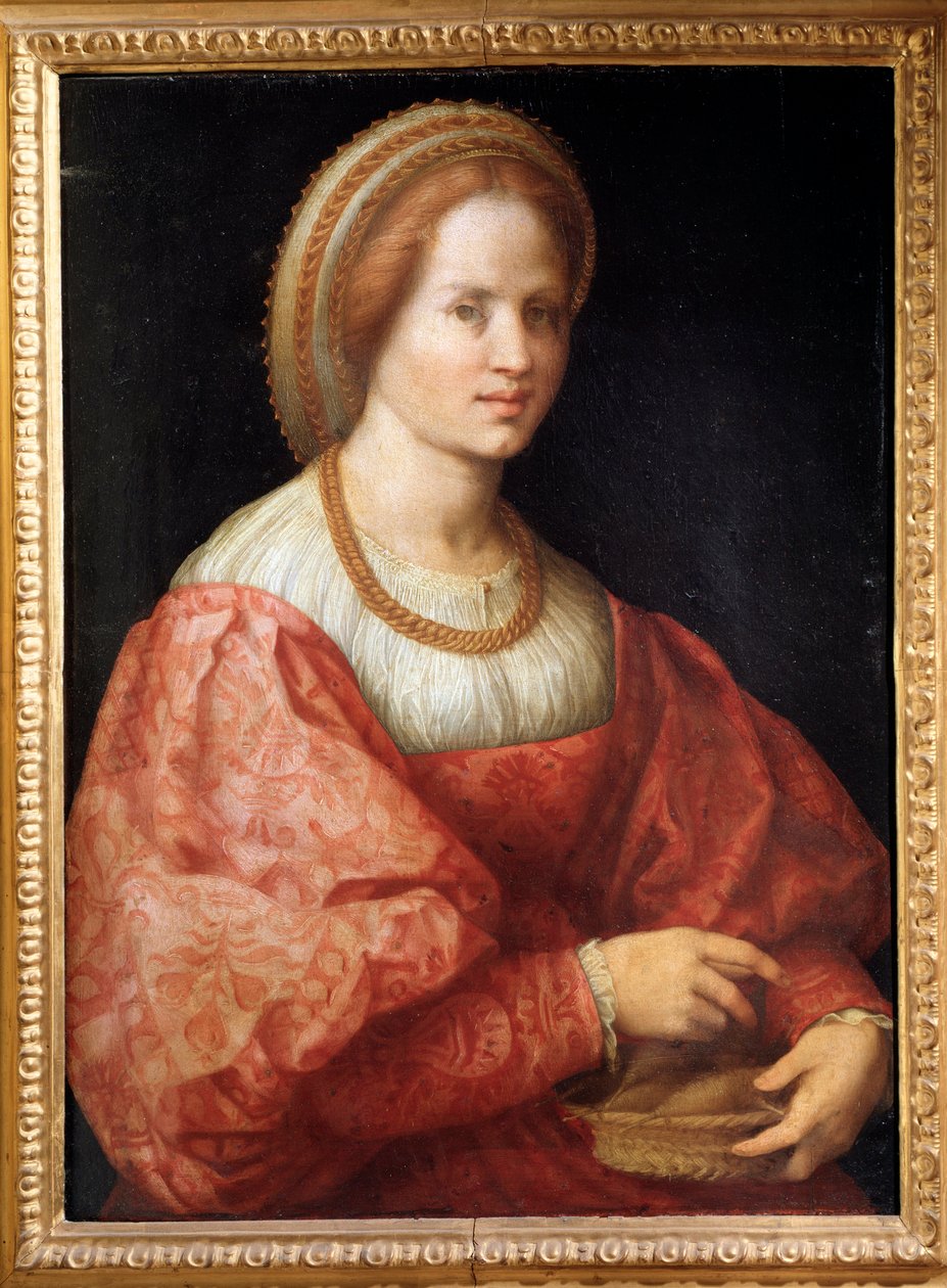 Porträtt av damen med en korg med spindlar - olja på panel av Jacopo Pontormo