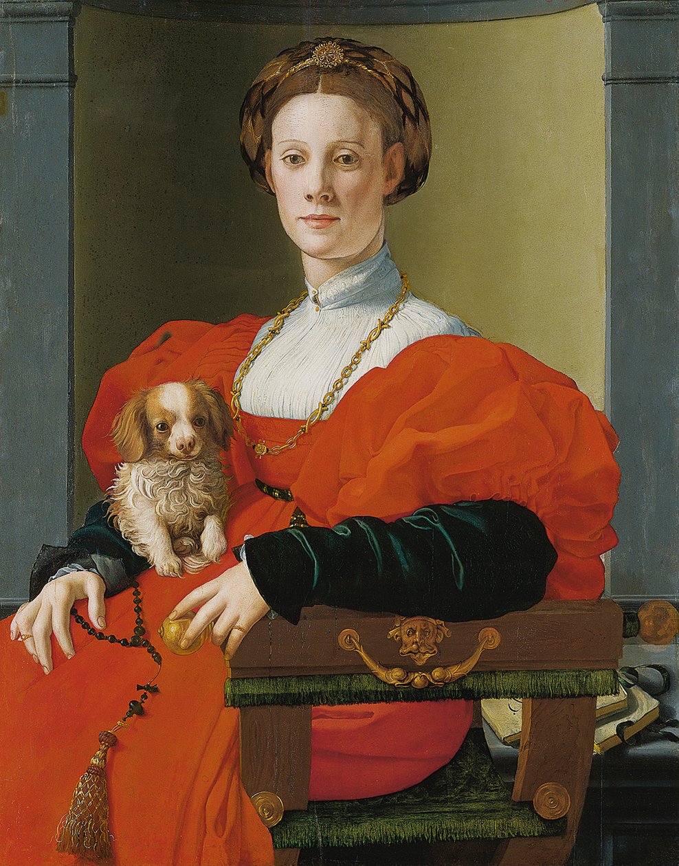Porträtt av en kvinna med en liten hund av Jacopo Pontormo