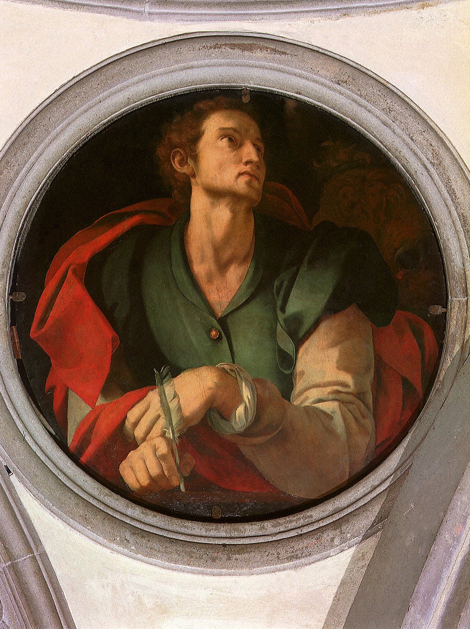 San Luca - Saint Luc - Peinture de Jacopo Carrucci dit il Pontormo (Pontorme) (1494-1556) 1527-1528 Diam 70 cm Florens, Santa Felicita-kyrkan, Cappella Capponi ©UIG/Leemage av Jacopo Pontormo