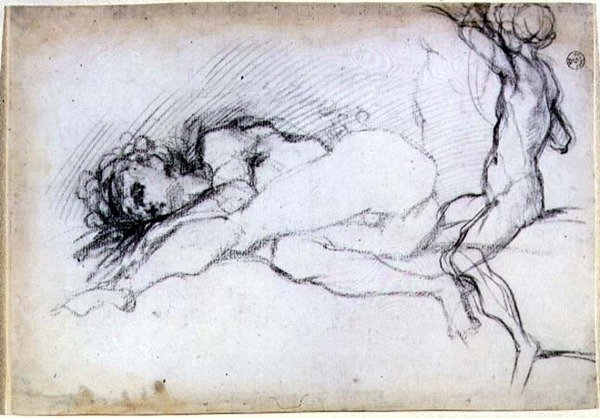 Studie av sittande och liggande figurer för en lunette i salongen på Villa Medici i Poggio a Caiano (krita) av Jacopo Pontormo