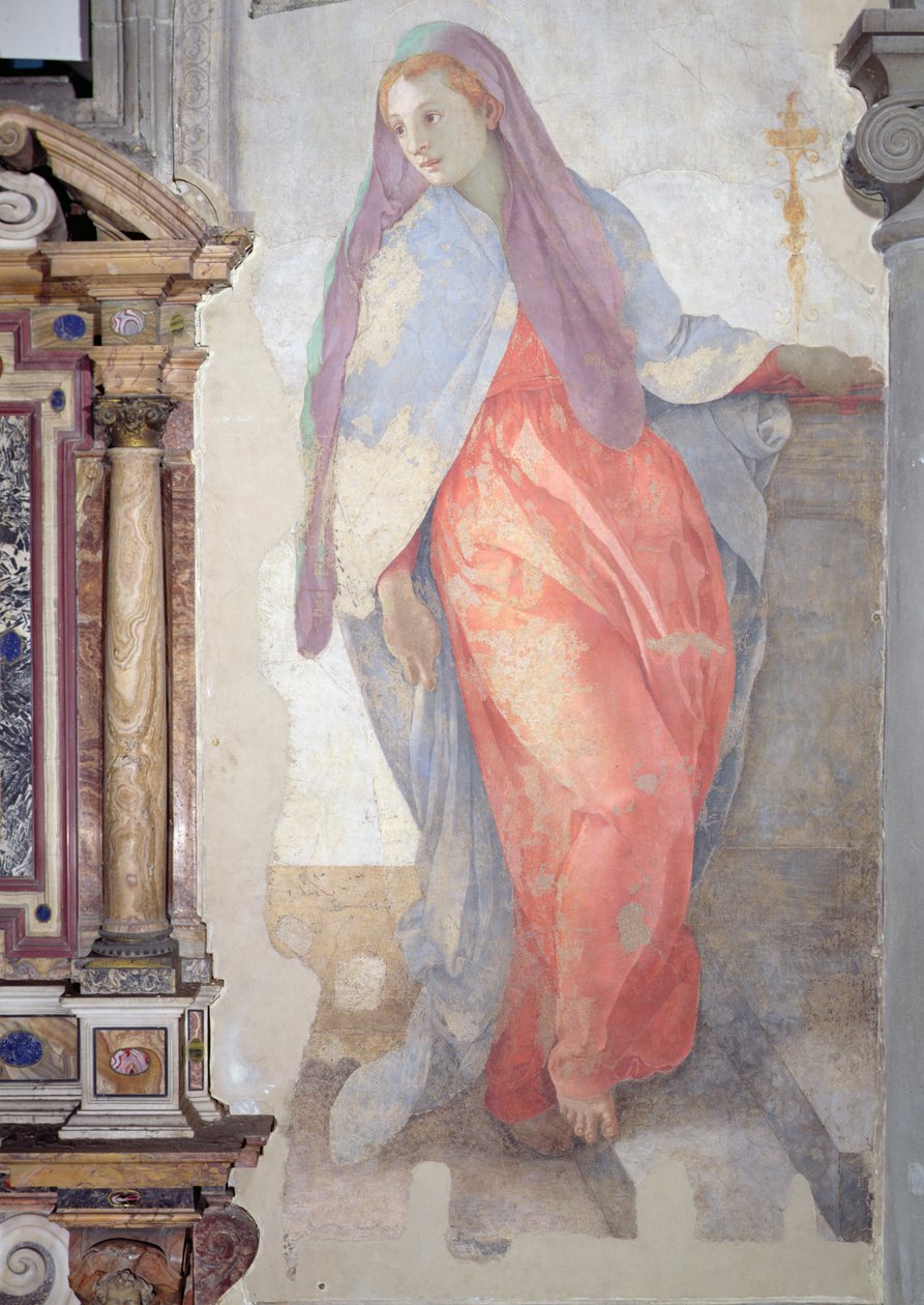 Visitationen, detalj av Elizabeth till höger om altaret av Jacopo Pontormo