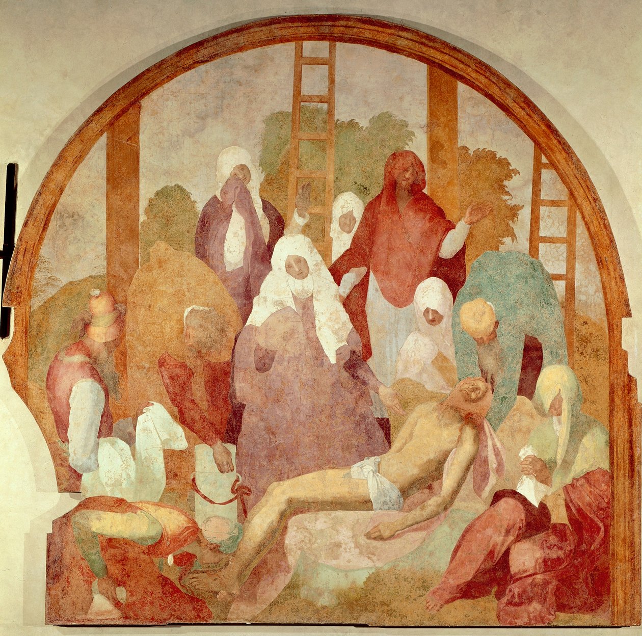 Avsättningen, detalj från Fresco Cycle of Passion av Giacomo Carucci, känd som Pontormo (1494-1556), fresk, 300x290 cm Certosa di Galluzzo, Florens av Jacopo Pontormo