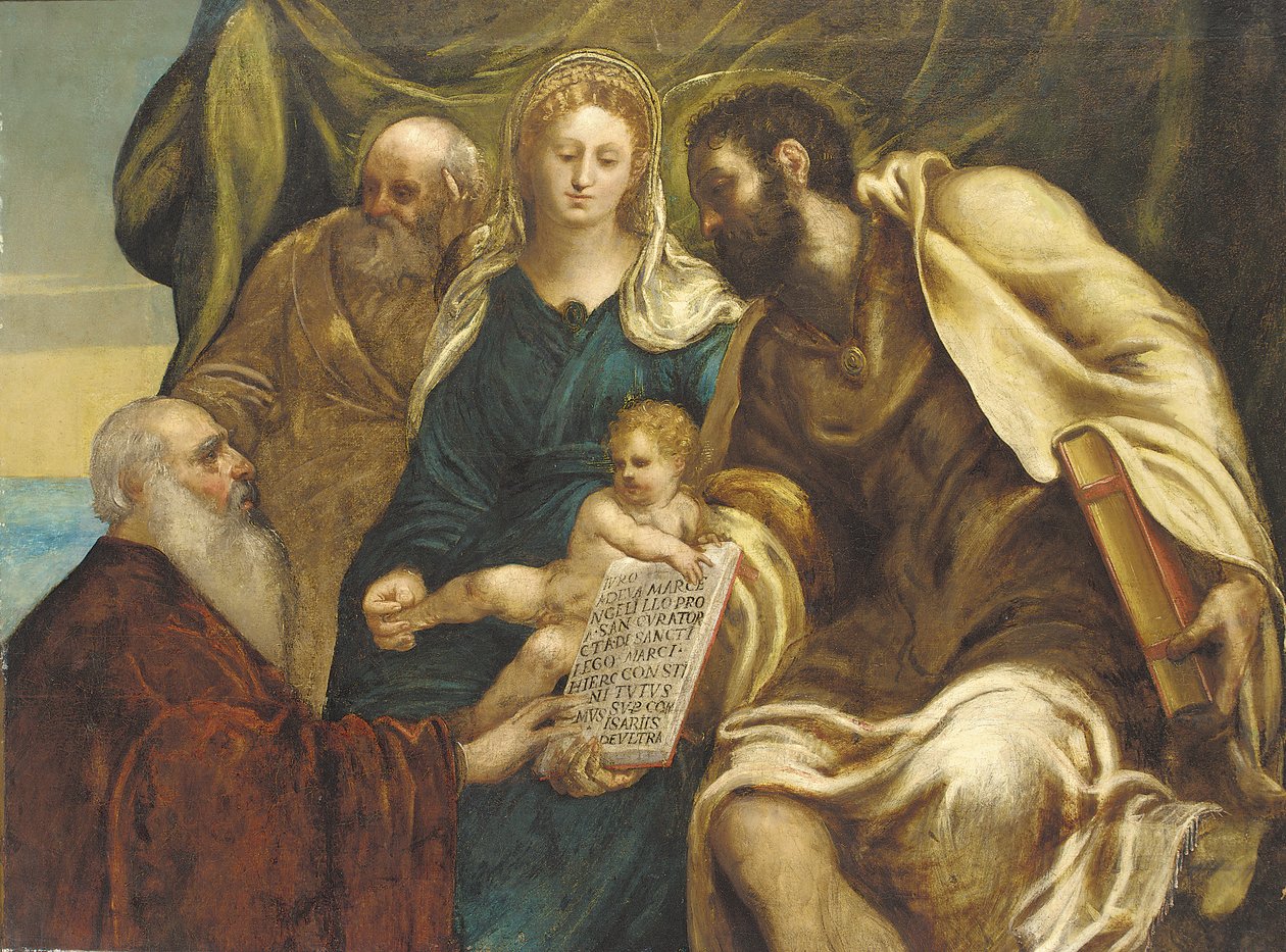 Den heliga familjen och dogen Ranieri (olja på duk) av Jacopo Robusti (studio of) (attr. to) Tintoretto