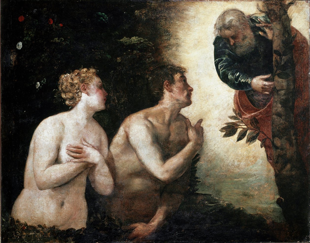 Adam och Eva står inför den evige fadern Målning av Jacopo Robusti sa Tintoret (Tintoretto) (1518-1594) 1550-1553 Sun. 90x110 cm Florens, Palazzo Pitti, Galleria Palatina av Jacopo Robusti Tintoretto