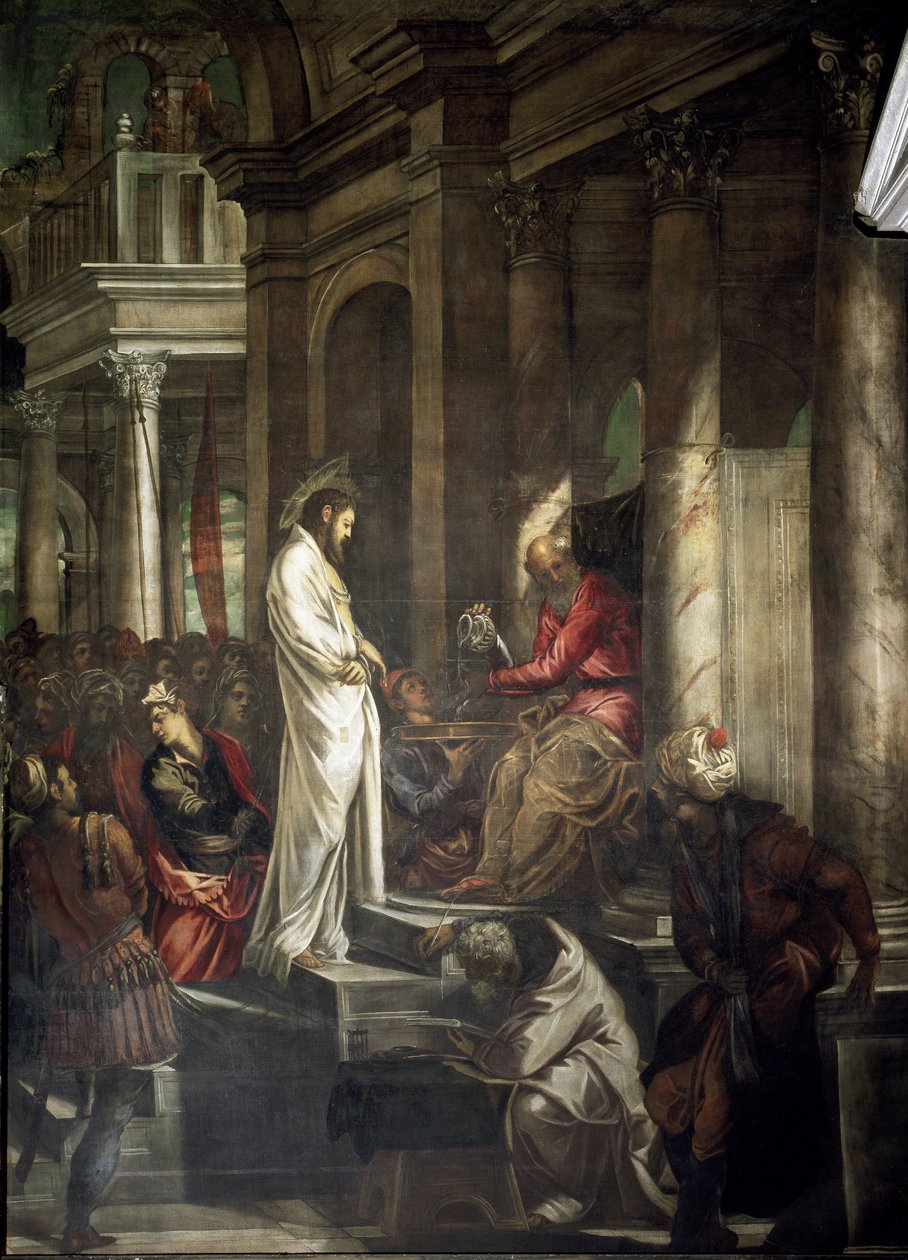 Kristus före Pontius Pilatus Målning av Tintoretto (Jacopo Robusti) (Tintoret) (1518-1594) 1566-1567 Dim 515x390 cm Venedig Scuola di San Rocco Italien av Jacopo Robusti Tintoretto