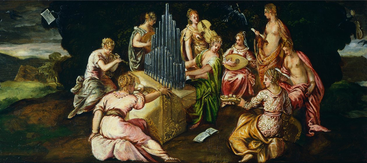 Contest between Muses and Pierides, av Jacopo Robusti känd som Tintoretto (1519-1594), olja på panel, 46x91 cm av Jacopo Robusti Tintoretto