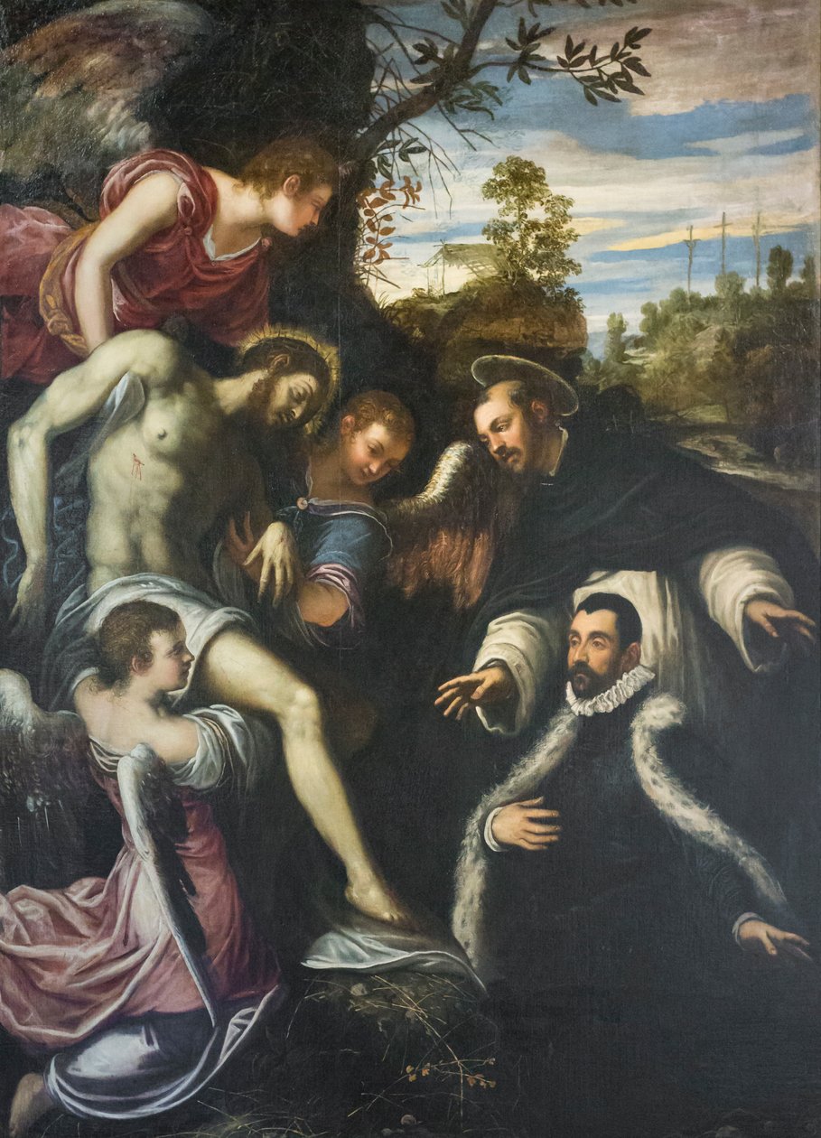 Död Kristus stödd av tre änglar, Dominikus och donator av Jacopo Robusti Tintoretto