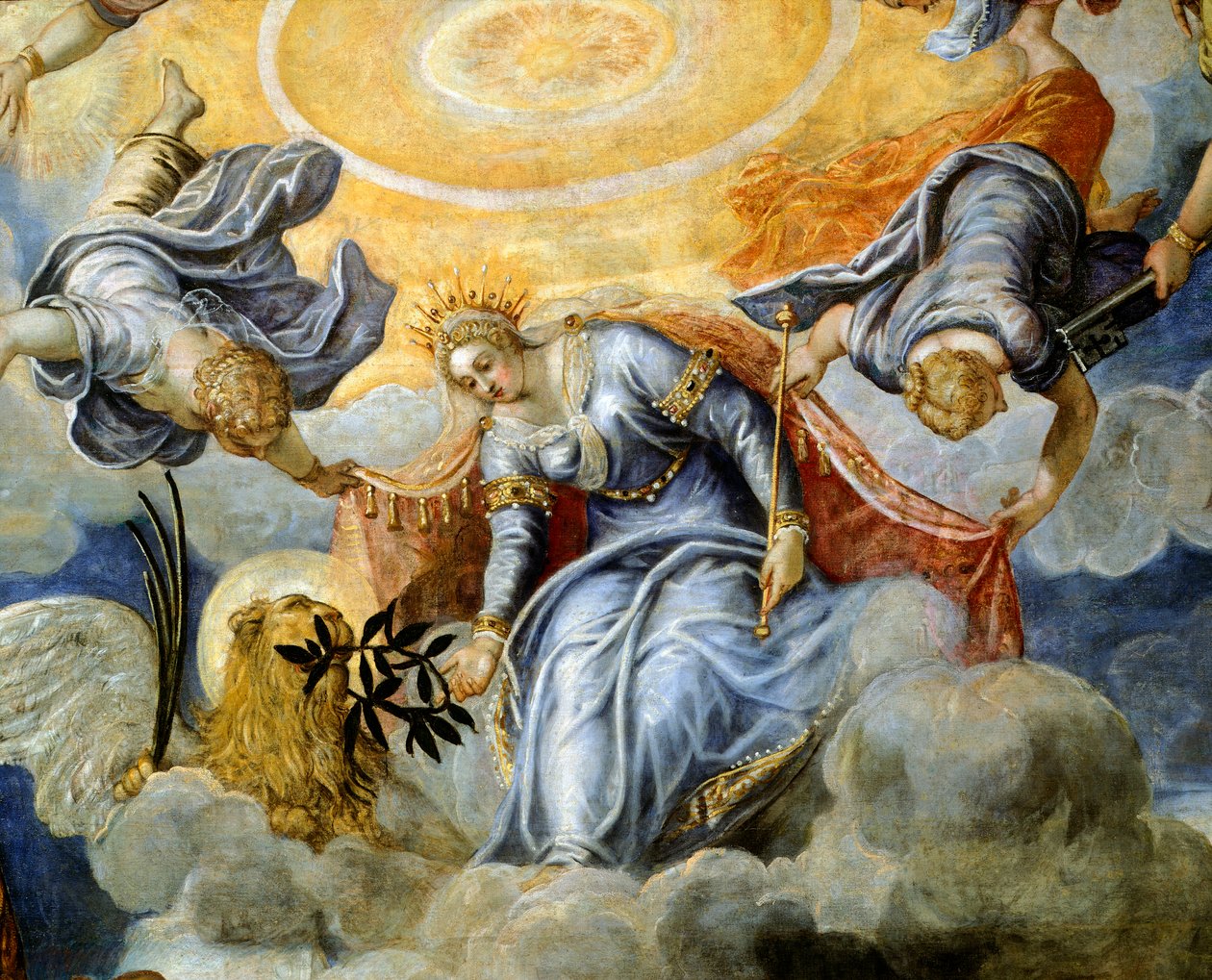 Doge Niccolo da Ponte tar emot olivkvist från Venedig, av Jacopo Robusti känd som Tintoretto (1518-1594), Detail, Sala del Maggior Consiglio (Hall of Great Council), Palazzo Ducale, Venedig av Jacopo Robusti Tintoretto