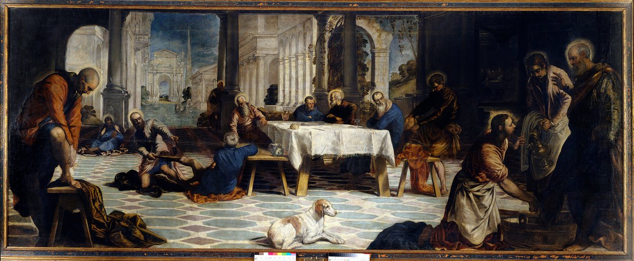 Jesus Kristus tvättade sina lärjungars fötter. Målning av Jacopo Robusti detto Il Tintoretto (Tintoret av Jacopo Robusti Tintoretto