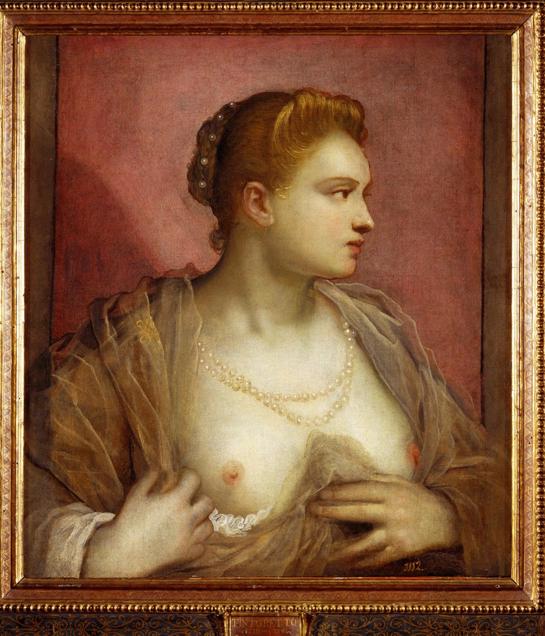 Dam som blottar sin barm;kanske den berömda venetianska kurtisanen Veronica Franco ... (målning på duk) av Jacopo Robusti Tintoretto