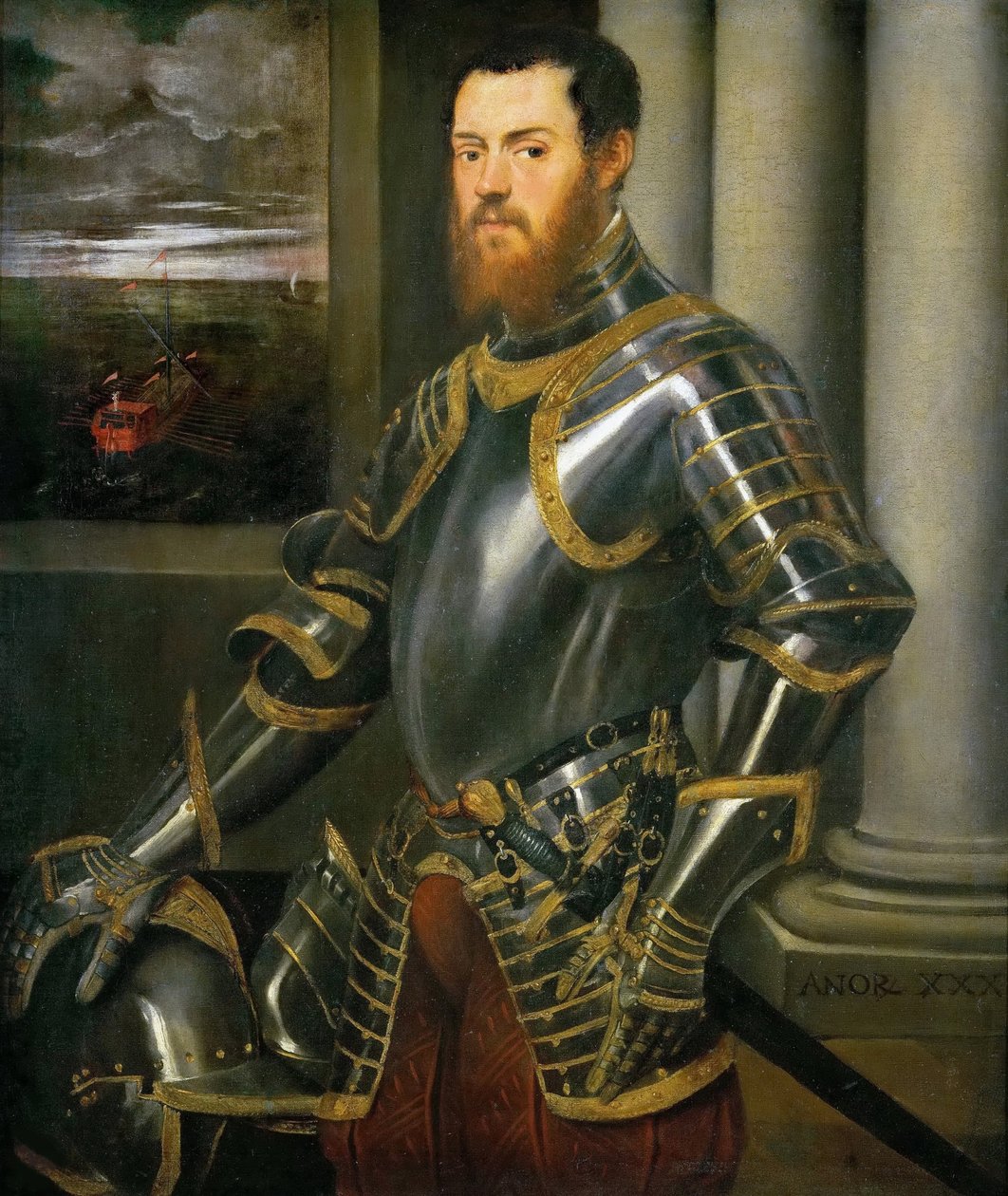 Porträtt av en man i en gulddekorerad rustning, ca 1555. av Jacopo Robusti Tintoretto
