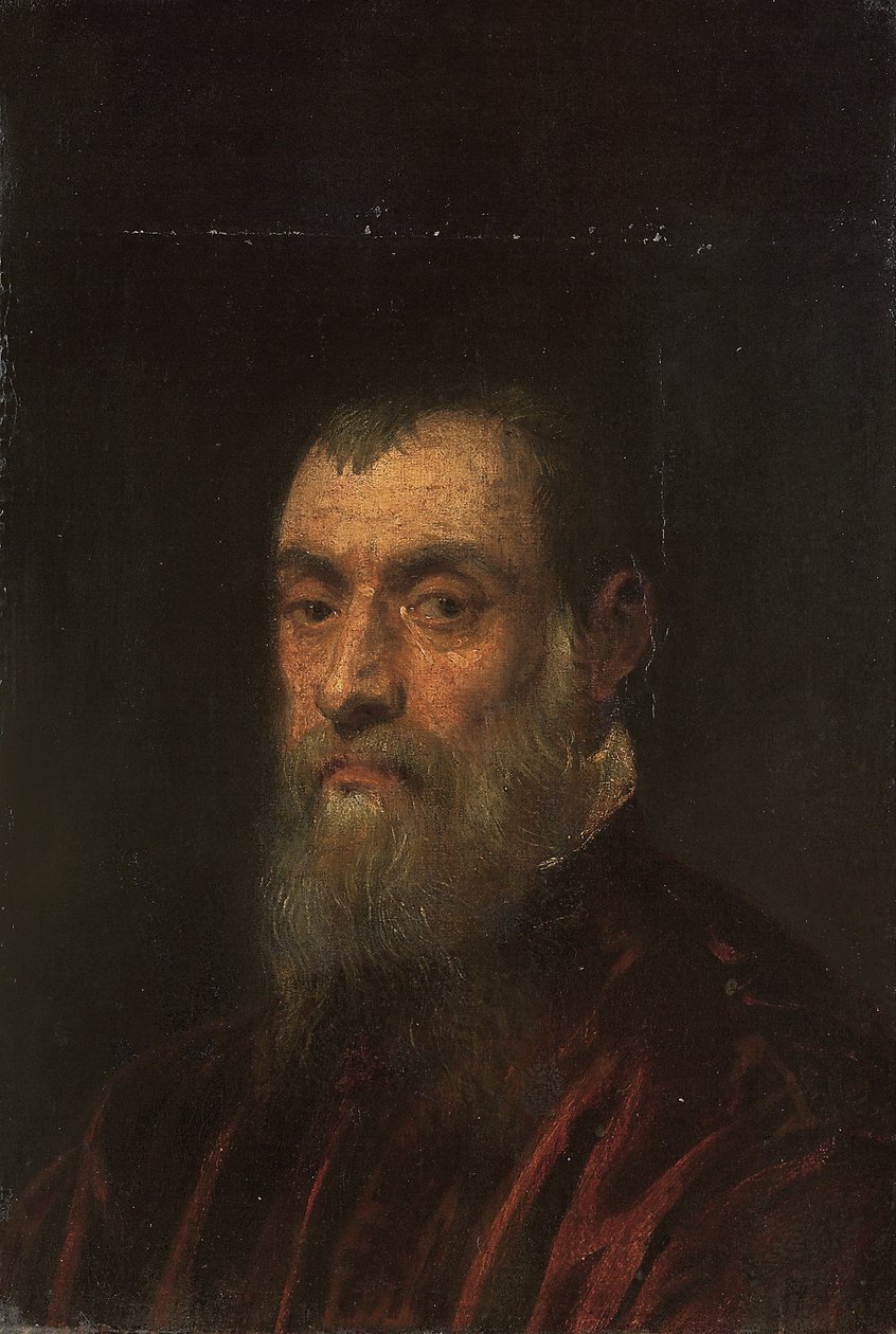 Porträtt av en skäggig man, bystlång, i en röd klänning av Jacopo Robusti Tintoretto