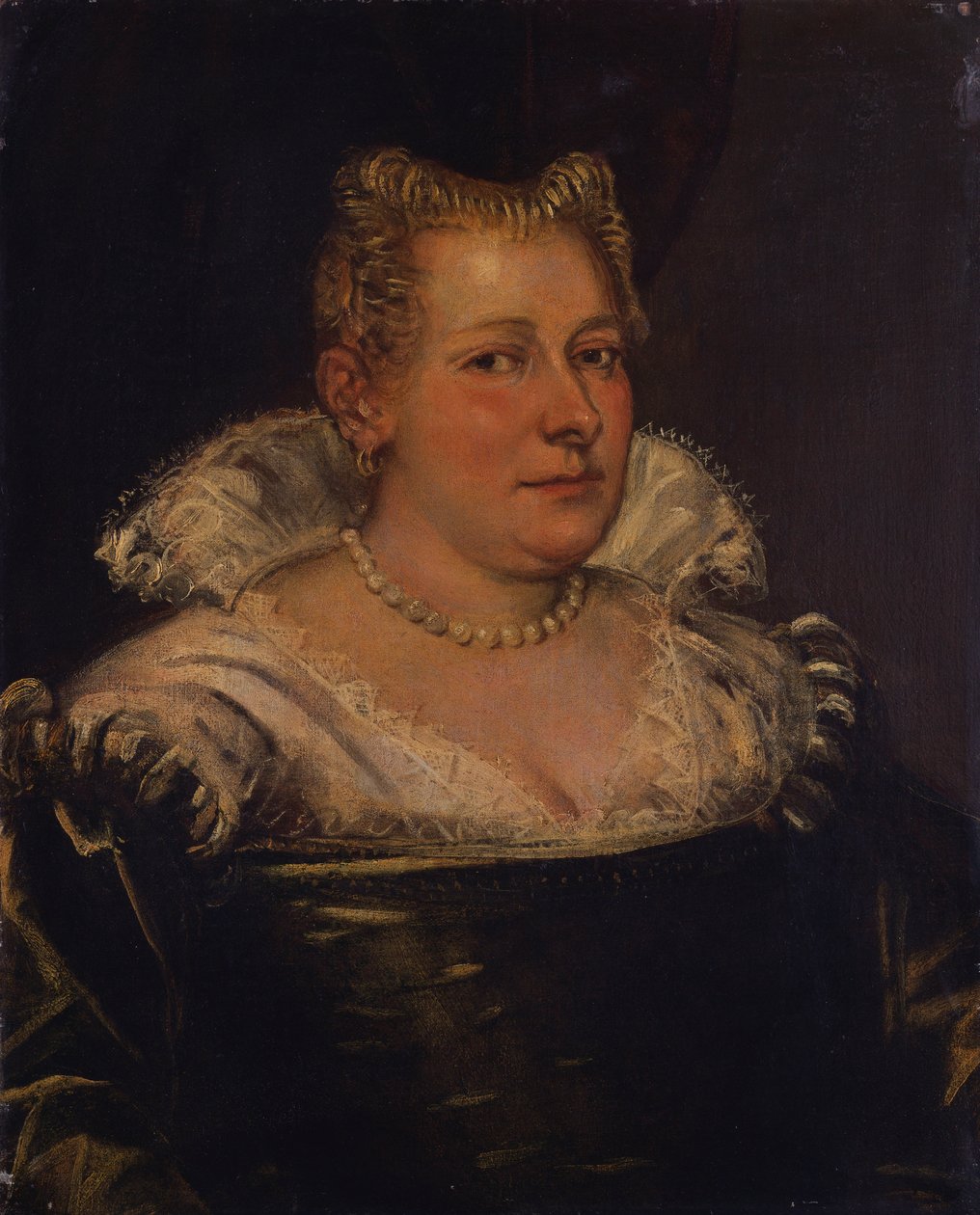 Porträtt av en dam, byst längd i en grön klänning med vit krage av Jacopo Robusti Tintoretto
