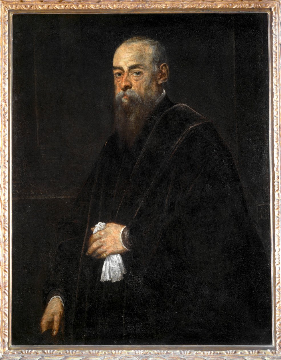 Porträtt av en gammal man med en näsduk i handen... av Jacopo Robusti Tintoretto