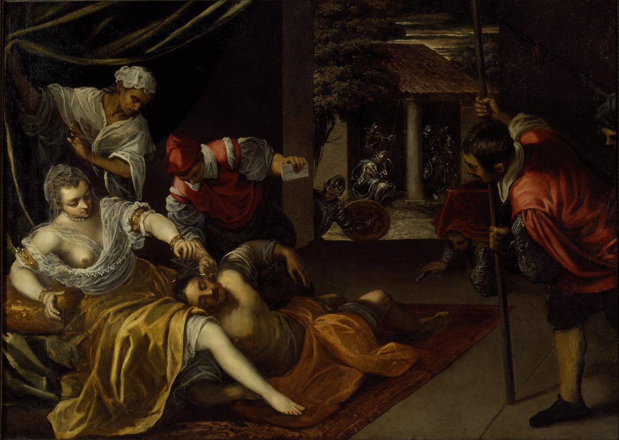 Simson och Delila (olja på duk) av Jacopo Robusti Tintoretto