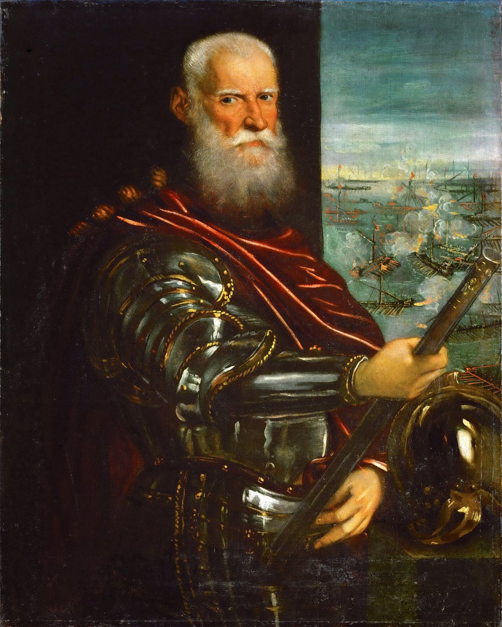 Sebastiano Venier (1496-1578), med slaget vid Lepanto i bakgrunden - Jacopo Tintoretto (1518-1594). Olja på duk, efter 1571. Mått : 104,5x83,5 cm. Konsthistoriska museet, Vienne av Jacopo Robusti Tintoretto