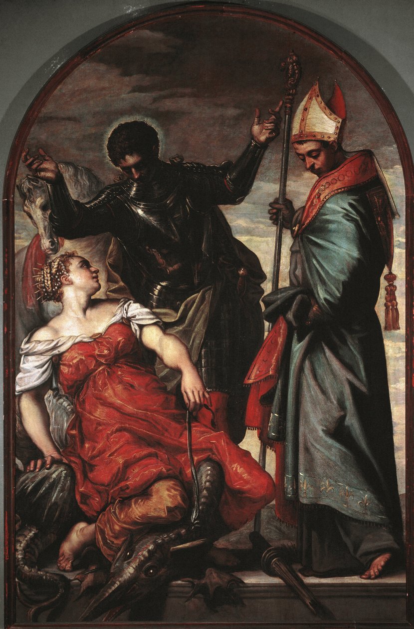 St George, prinsessan och St Louis - olja på duk av Jacopo Robusti Tintoretto