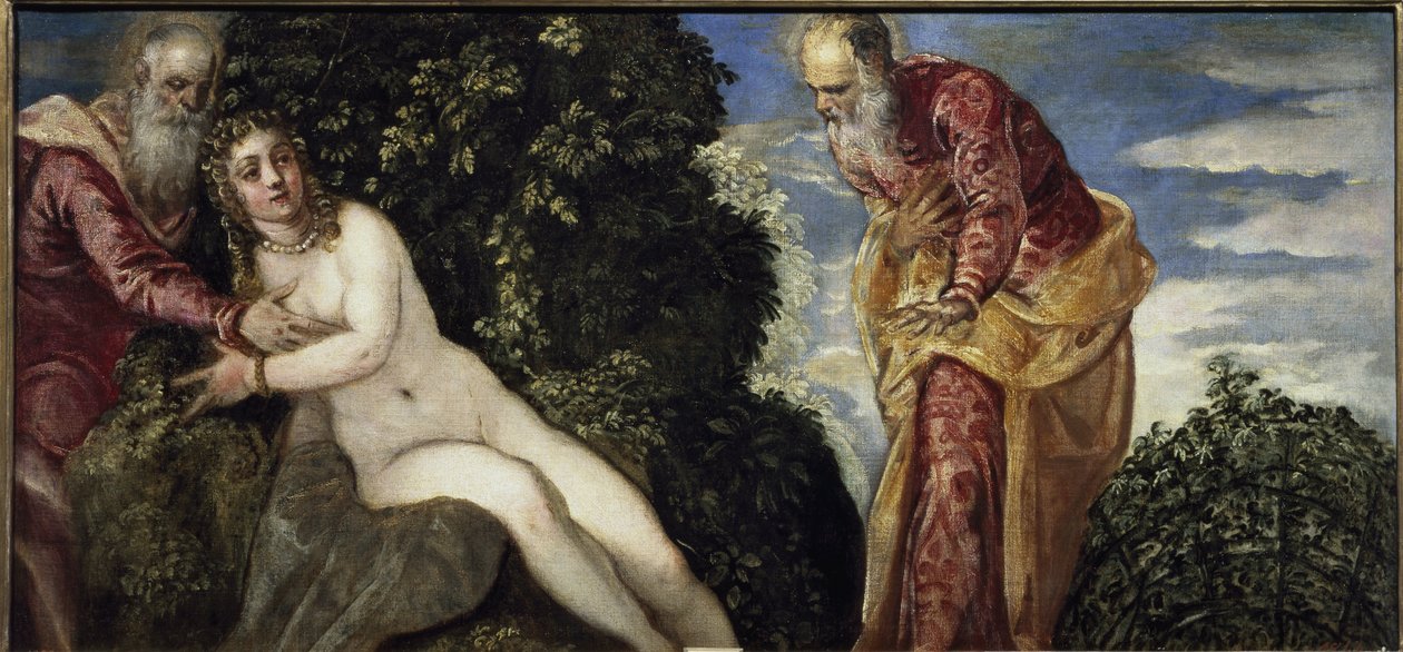 Suzanne and the Elders - Olja på duk, cirka 1555 av Jacopo Robusti Tintoretto