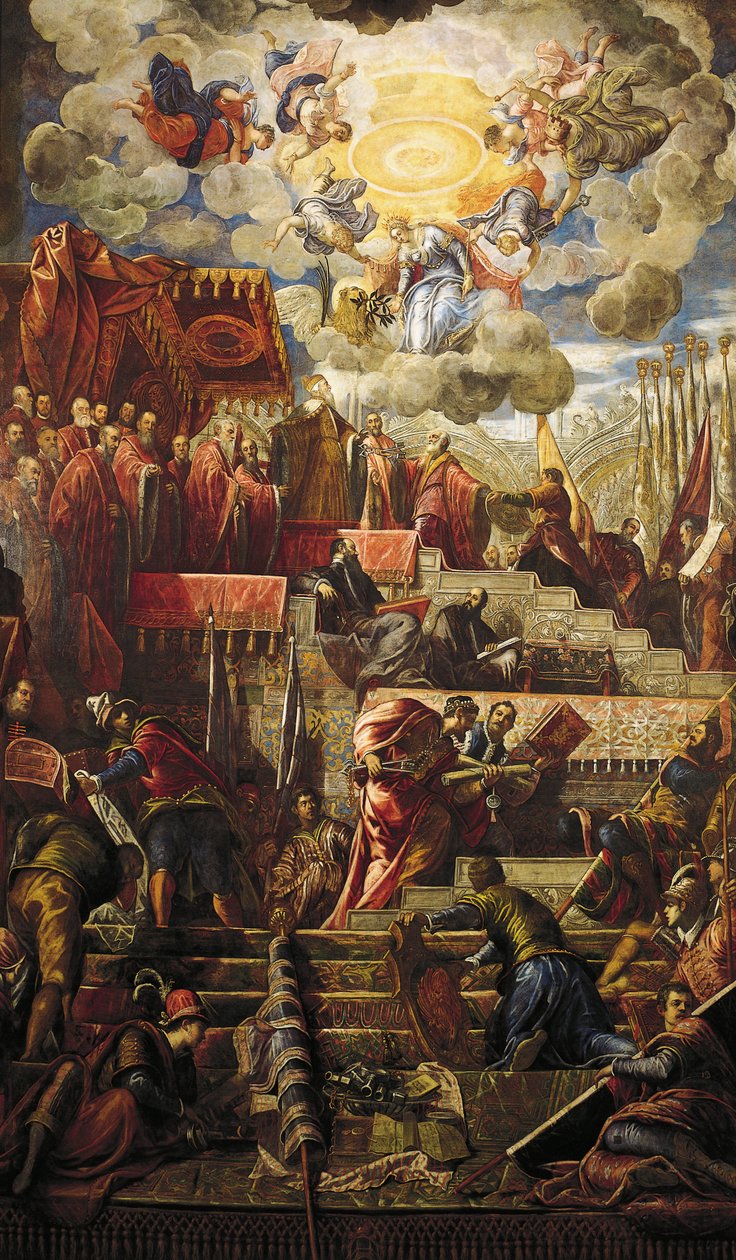 Doge Niccolo da Ponte tar emot olivkvist från Venedig, Jacopo Robusti känd som Tintoretto (1518-1594), Detail, Sala del Maggior Consiglio (Hall of the Great Council), Palazzo Ducale, Venedig av Jacopo Robusti Tintoretto