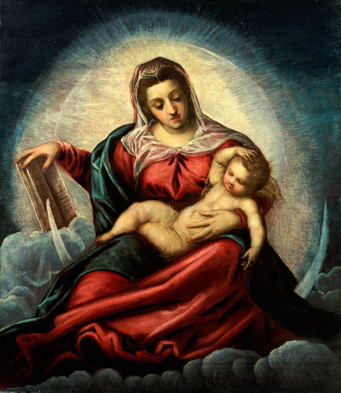 Madonnan och barnet i en mandorla på en halvmåne och moln, med visdomens bok av Jacopo Robusti Tintoretto