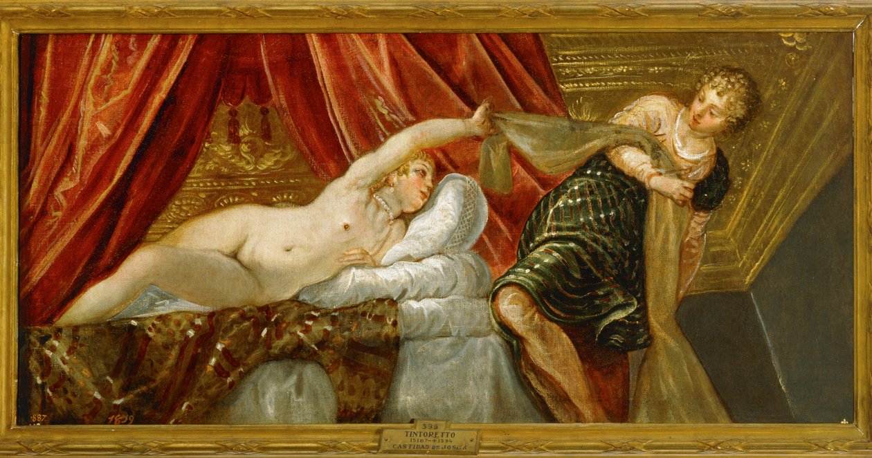 Josefs kyskhet - Josef och Potifars hustru ... (målning på duk) av Jacopo Robusti Tintoretto