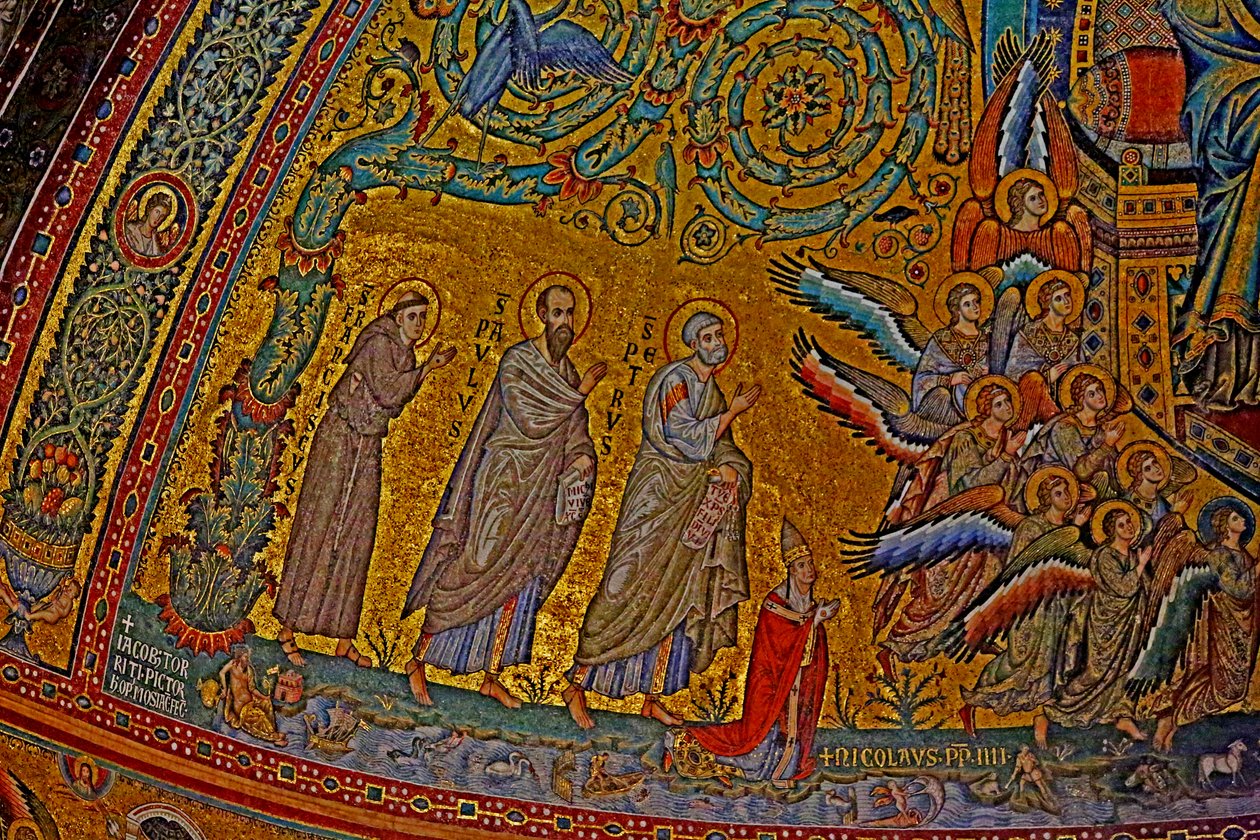 Sankt Franciskus, Sankt Paulus, Sankt Petrus, påven Nikolaus IV och änglar som deltar i Jungfruns kröning, absid, mosaik omkring 1290 av Jacopo Torriti