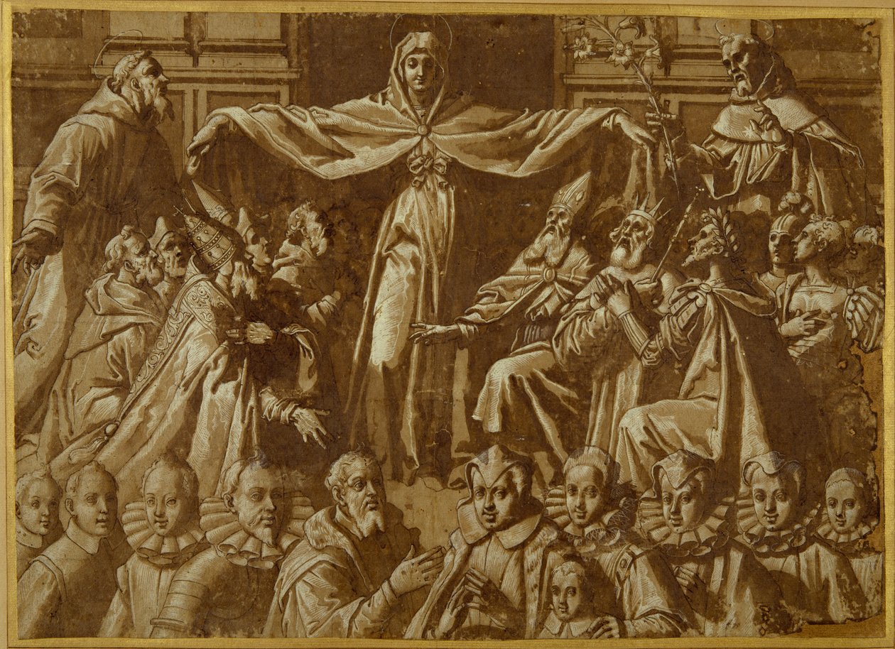 Madonna della Misericordia med Sts. Francis och Dominic, med andra helgon och härskare och en familj av donatorer (penna & brunt bläck med tvätt och vit kroppsfärg på papper) av Jacopo Zucchi
