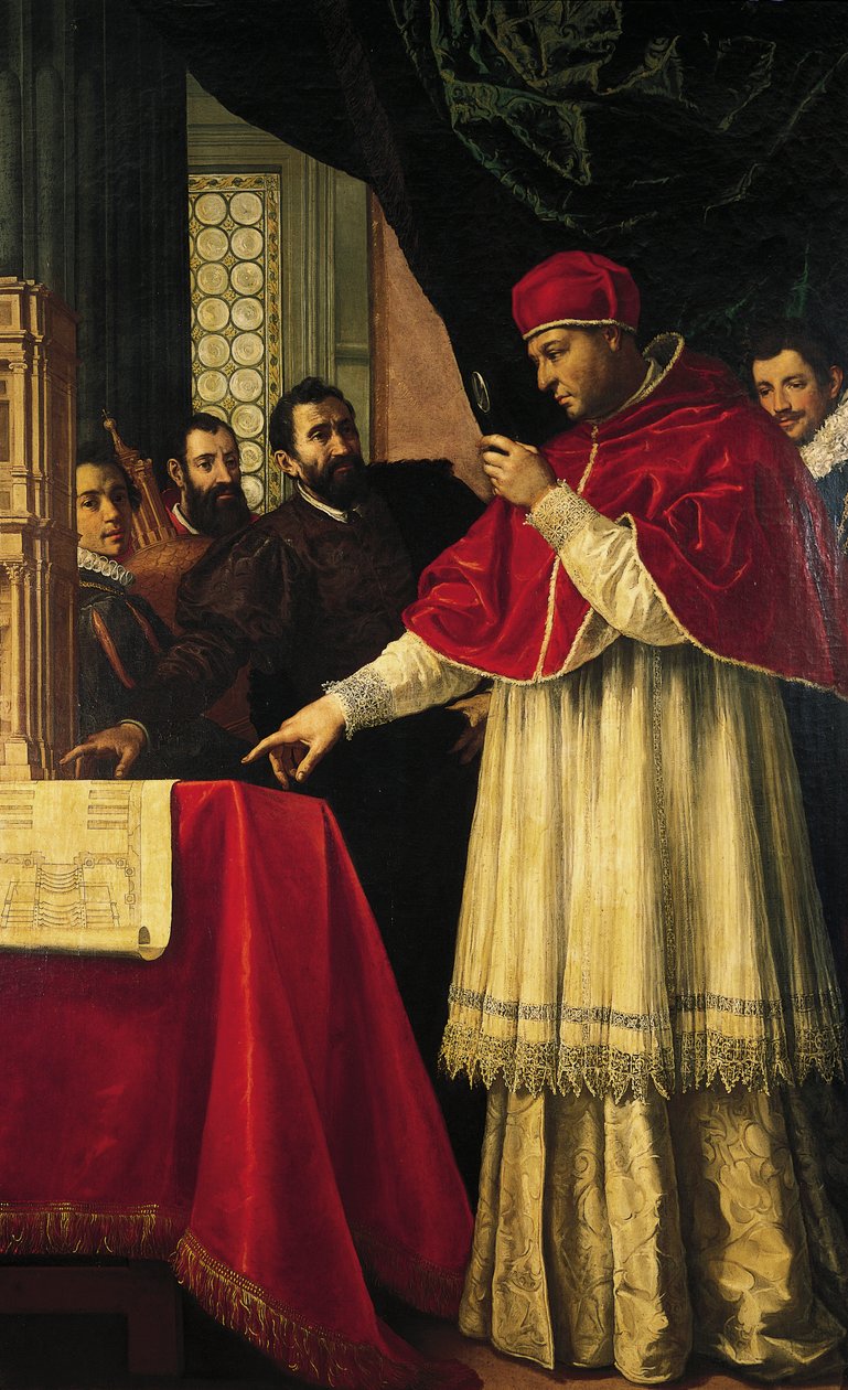 Michelangelo presenterar modeller för San Lorenzos fasad, Laurentian Library och Medici-gravarna för påven Leo X och kardinal Giulio de Medici av Jacopo da Empoli (and workshop)