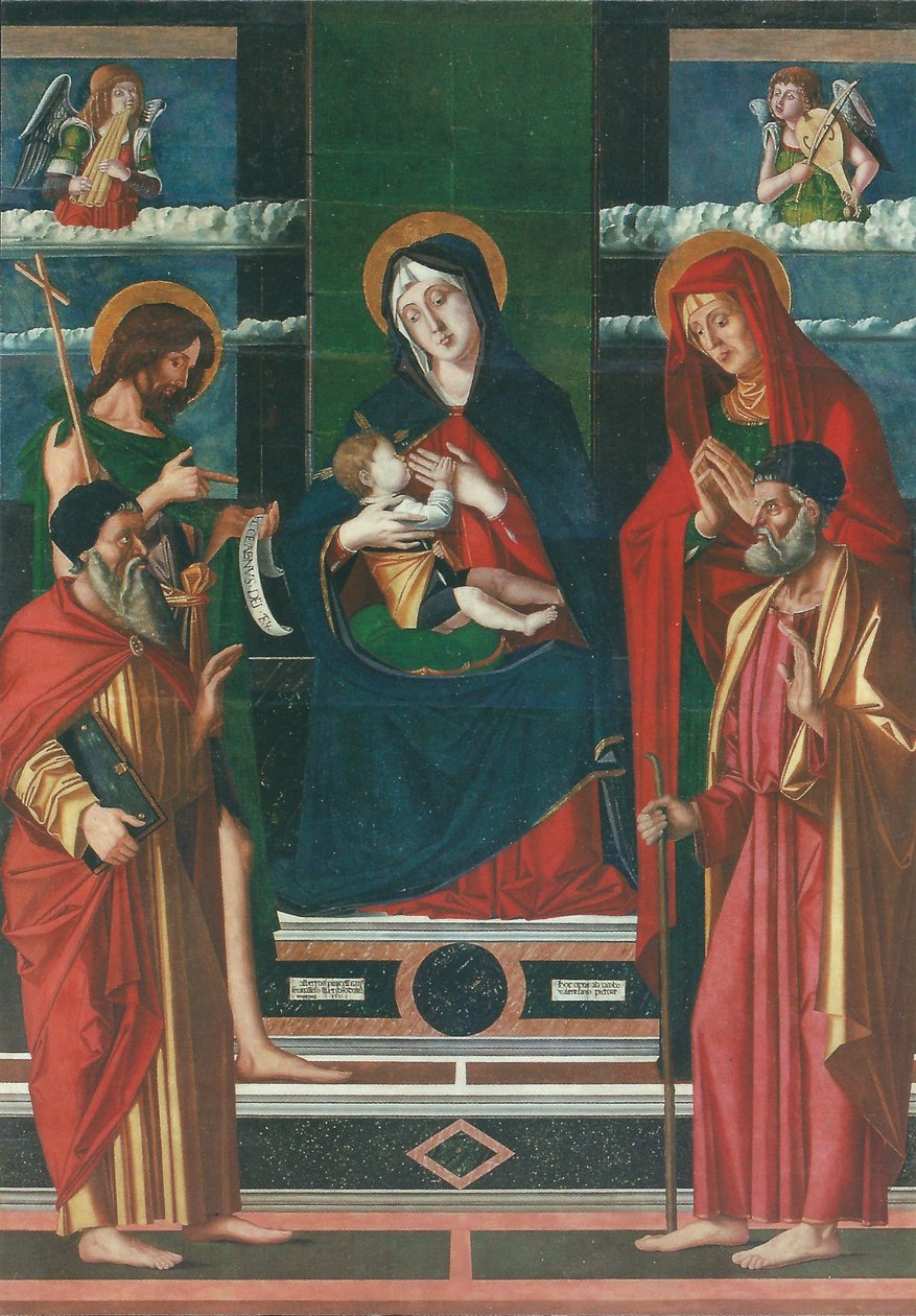 Pala di Jacopo da Valenza Alternativ titel(s):   Madonna med barn med heliga Josef, Johannes Döparen, Joachim och Anna av Jacopo da Valenza