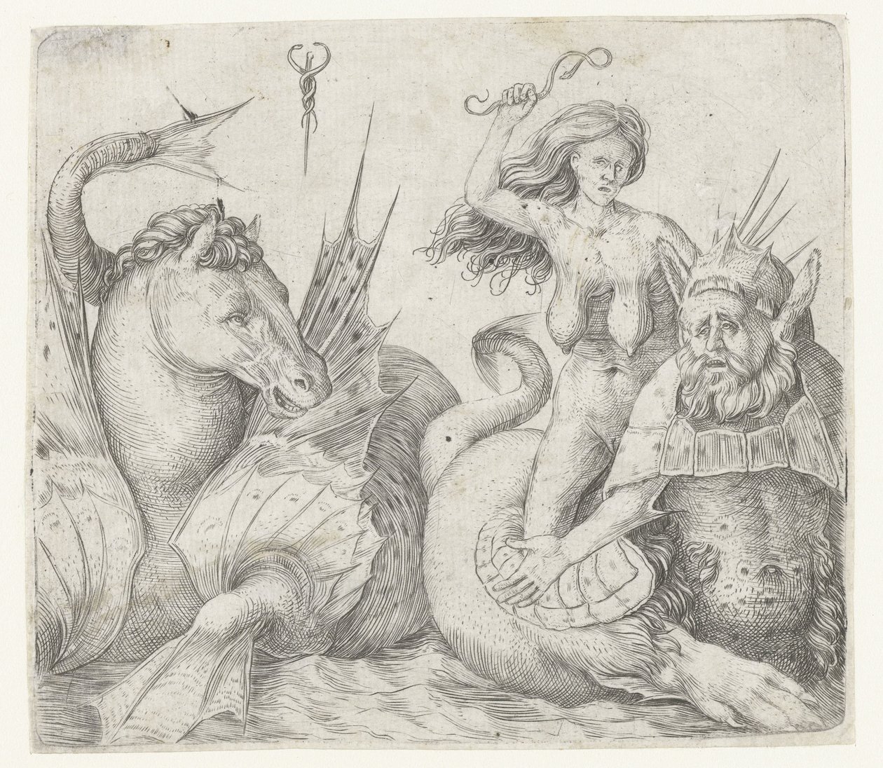 Gammal kvinna på baksidan av triton bredvid hippocampus Fury på baksidan av triton av Jacopo de