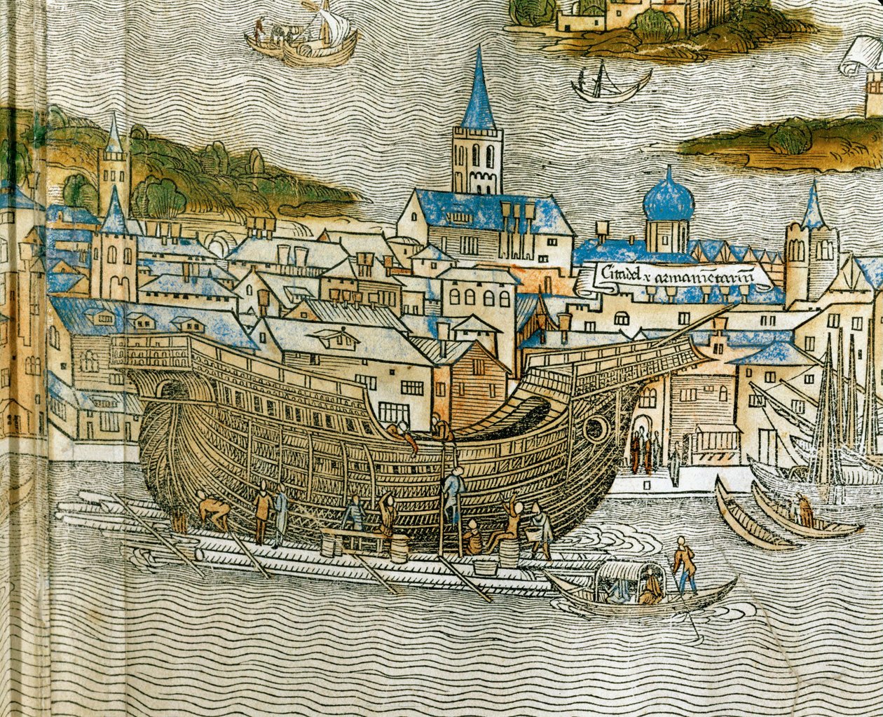 Byggande av en galär på ett skeppsvarv i Venedig, från Peregrinatio in Terram Sanctam, först tryckt på latin 1486 ... (träsnitt) av Jacopo de