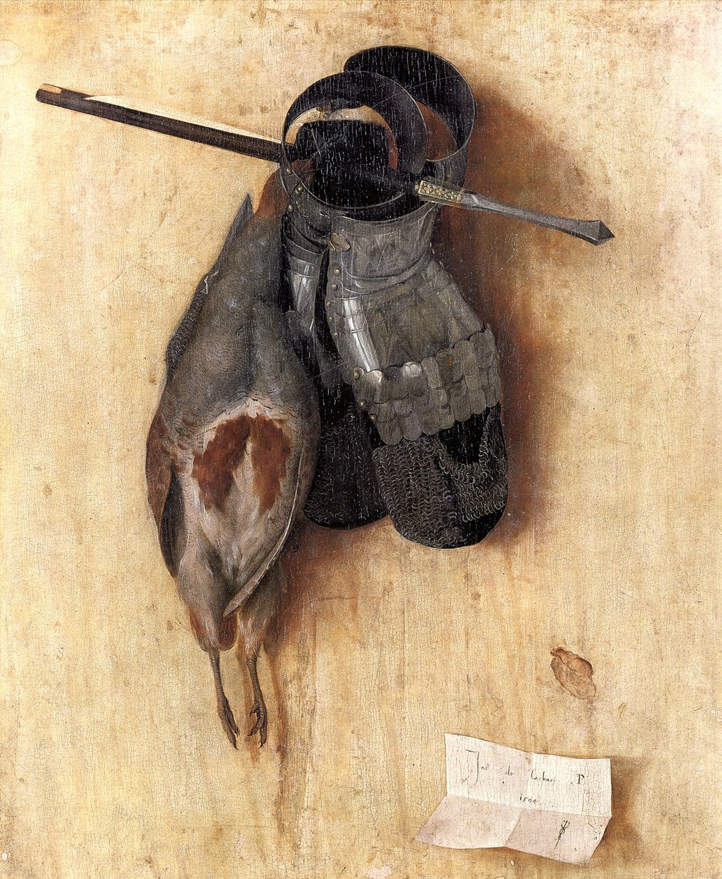 Tyska: Död rapphöna med järnhandskar och armborstbultar Still-Life med rapphöna och järnhandskar av Jacopo de