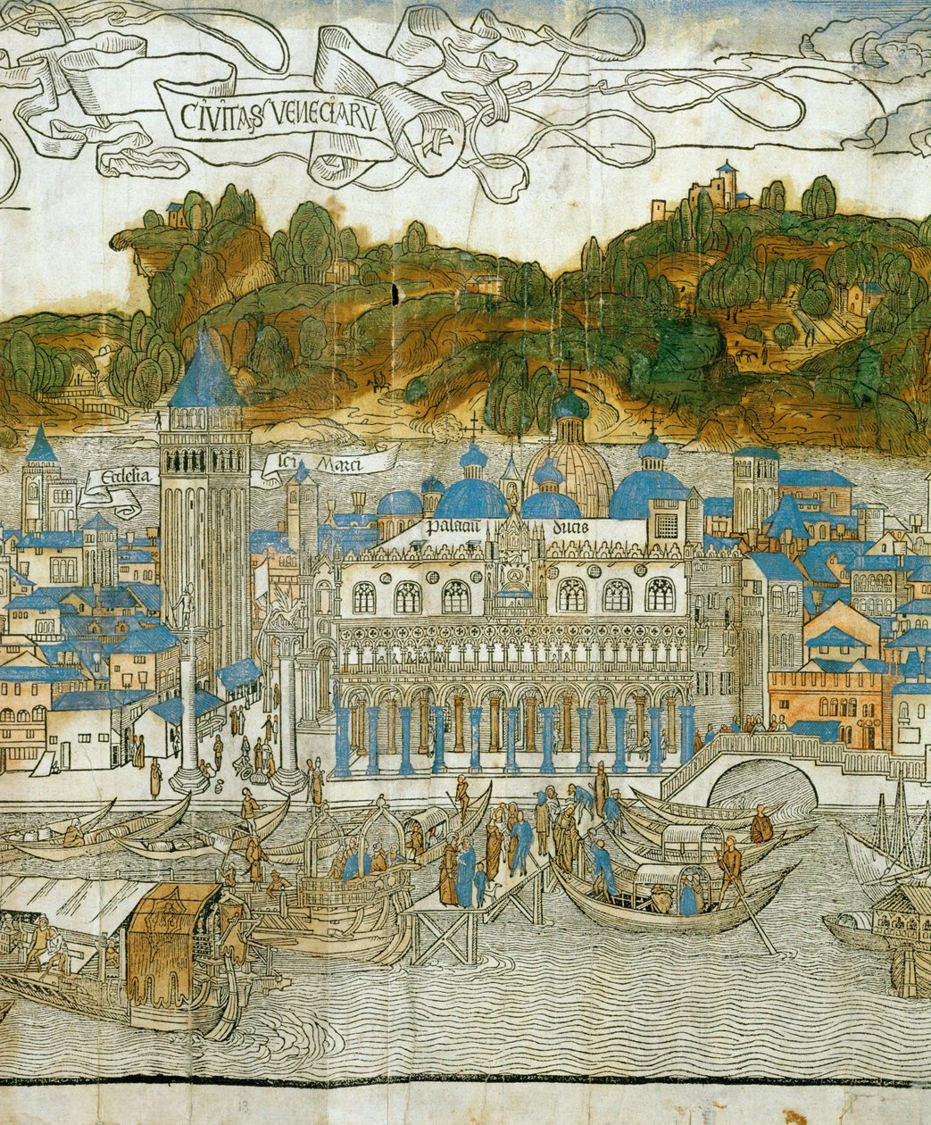 Venedig och den gamla kampanilen innan den förstördes av en jordbävning, från Pregrinatio in Terram Sanctam, tryckt första gången 1486 ... (träsnitt) av Jacopo de