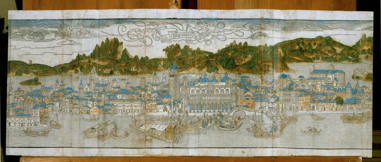 Venedig med Markusplatsen, Dogepalatset och den gamla kampanilen ... (träsnitt) av Jacopo de