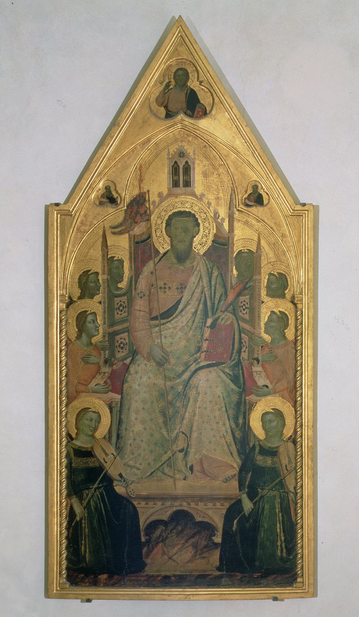 St. Bartholomew tronade med änglar (tempera på panel) av Jacopo del Casentino