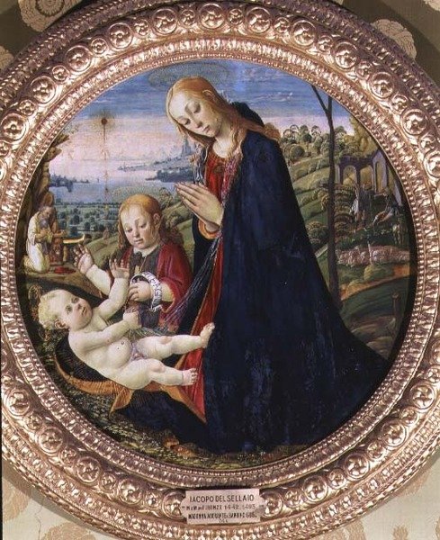 Tillbedjan av Kristusbarnet (panel) av Jacopo del Sellaio