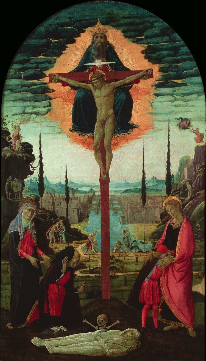 Altartavla: Treenigheten, Jungfrun, Johannes och donatorer, ca. 1480 av Jacopo del Sellaio