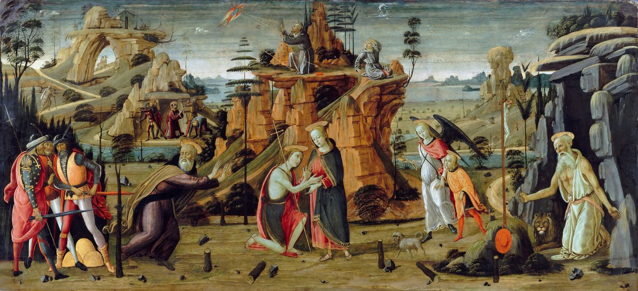 Landskap med bibliska scener och legender om helgonen av Jacopo del Sellaio